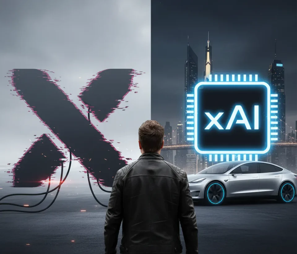Ilustrasi Elon Musk memfokuskan diri pada pengembangan xAI dan Tesla di tengah gangguan besar platform X, dengan latar chip AI dan mobil listrik futuristik.