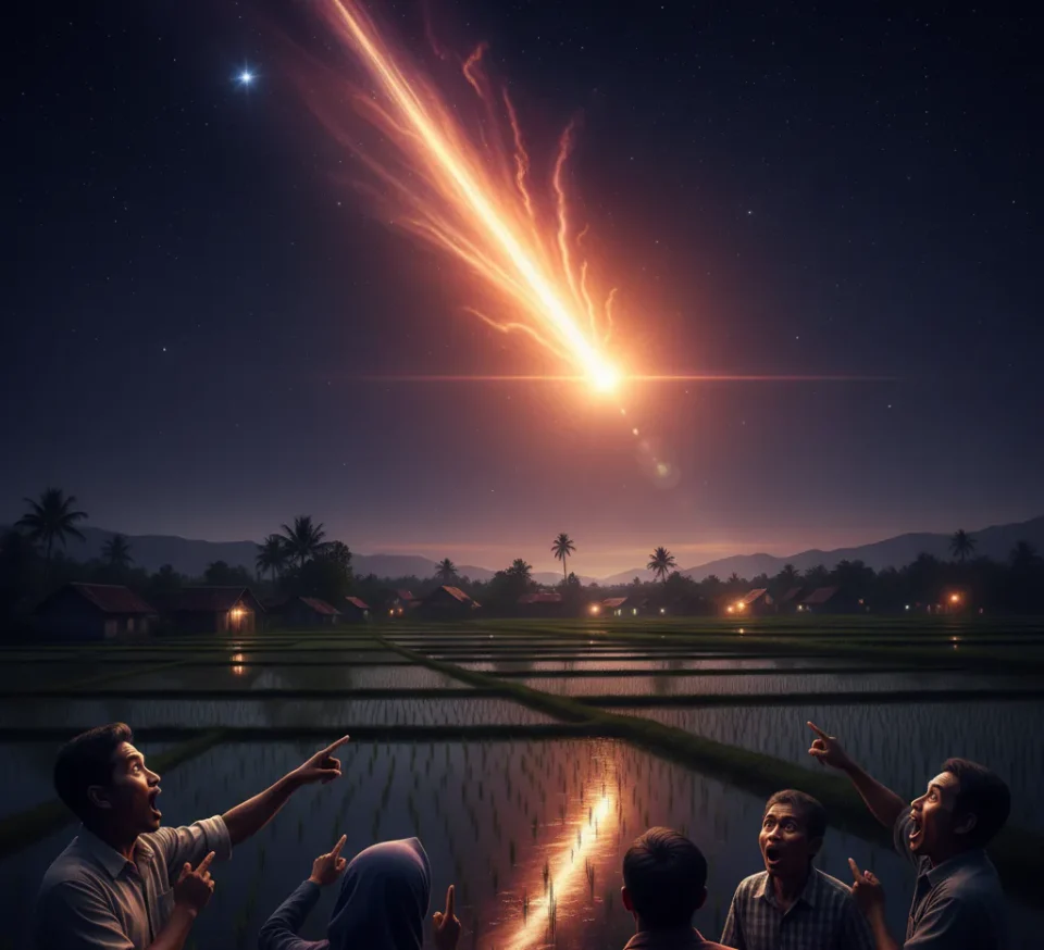 Cahaya bola api melintas di langit malam Cirebon dengan jejak terang, disertai suara dentuman keras yang mengejutkan warga, dikonfirmasi sebagai meteor oleh BRIN.