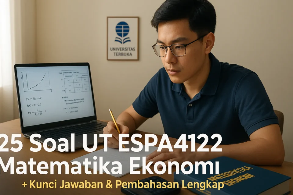 Ilustrasi realistis mahasiswa Universitas Terbuka belajar Matematika Ekonomi ESPA4122 dengan laptop, kalkulator, dan buku catatan di meja belajar.