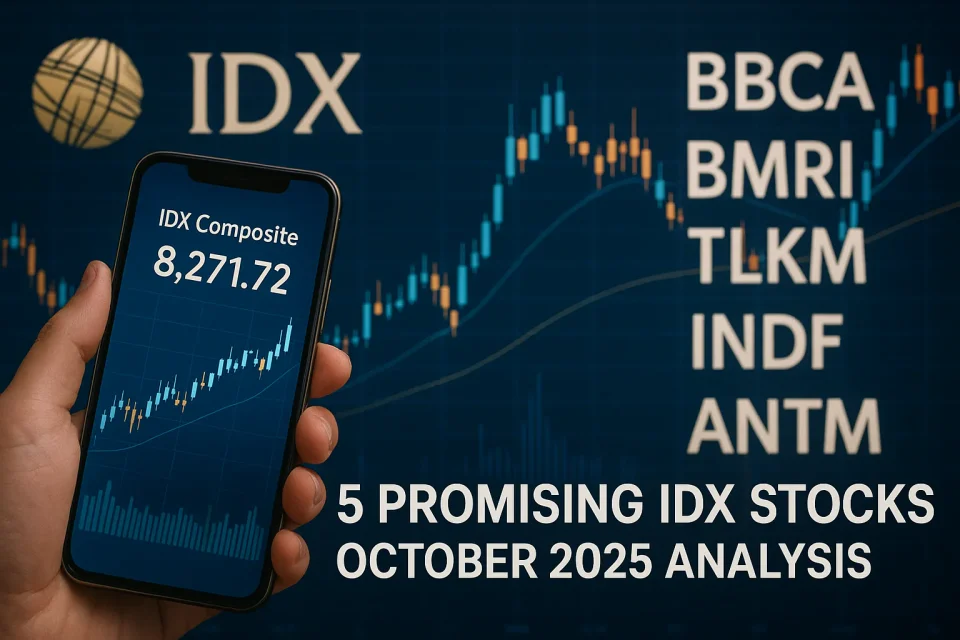 A realistic digital composite showing Indonesia’s stock market with IDX charts and stock symbols BBCA, BMRI, TLKM, INDF, and ANTM on a trading screen, symbolizing market analysis and investment insights in October 2025.