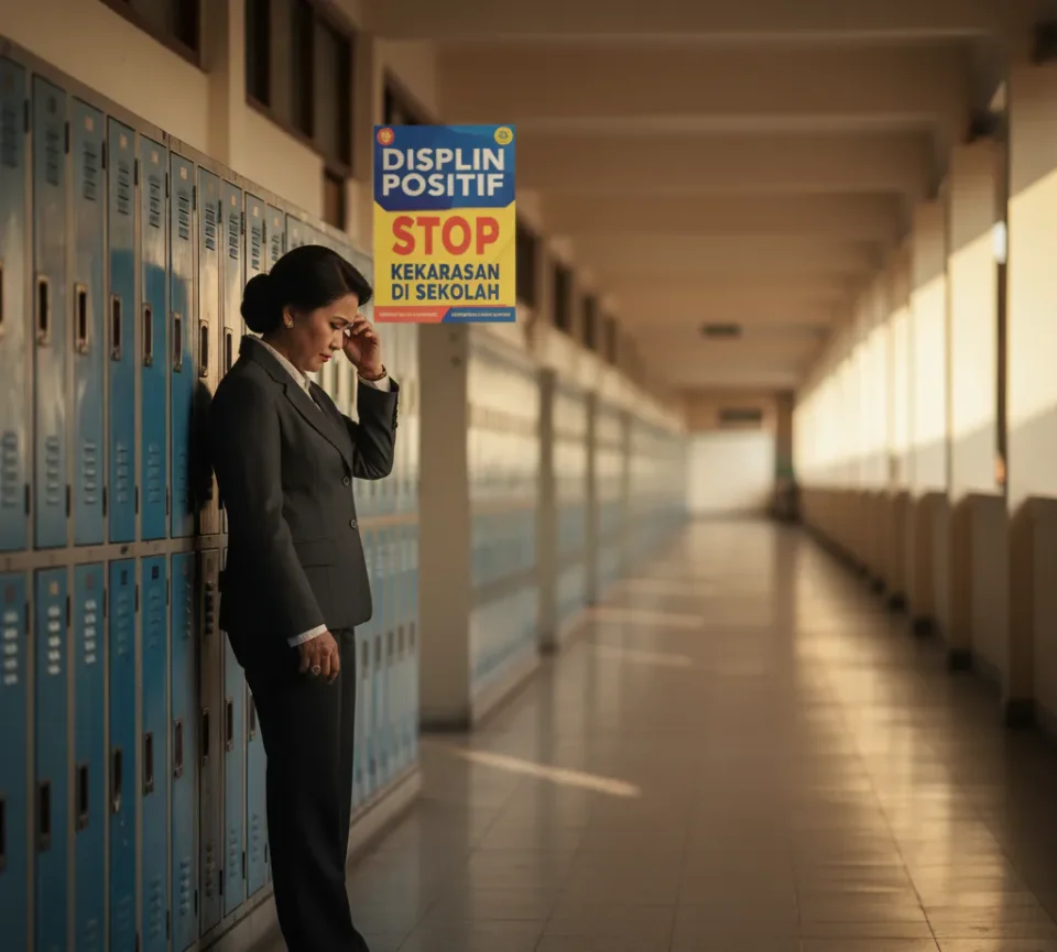 Foto realistis seorang Kepala Sekolah paruh baya yang tampak frustrasi dan menyesal, berdiri sendirian di koridor sekolah yang sepi di sore hari, dengan poster 'Disiplin Positif, Stop Kekerasan di Sekolah' terlihat samar di latar belakang, menggambarkan dilema emosional dalam penegakan disiplin.