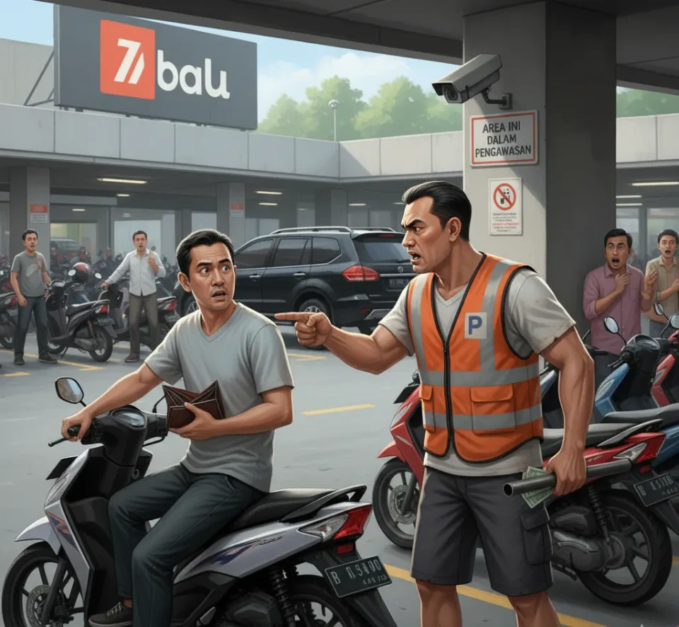 Ilustrasi realistis juru parkir liar di Jakarta Utara berinteraksi tegang dengan pengendara motor di area parkir mal, menyoroti isu keamanan dan pengawasan CCTV di tempat parkir.