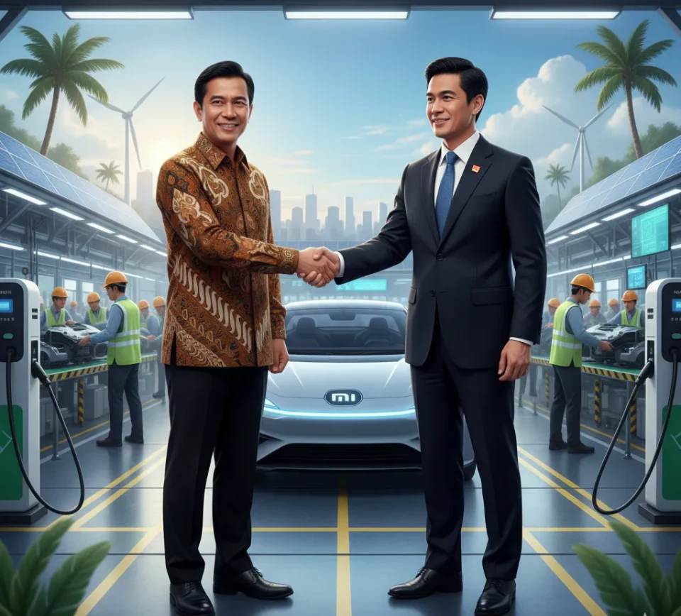 Ilustrasi kolaborasi antara Indonesia dan perusahaan teknologi dalam pengembangan industri kendaraan listrik, dengan peta Indonesia, baterai, dan mobil listrik modern.