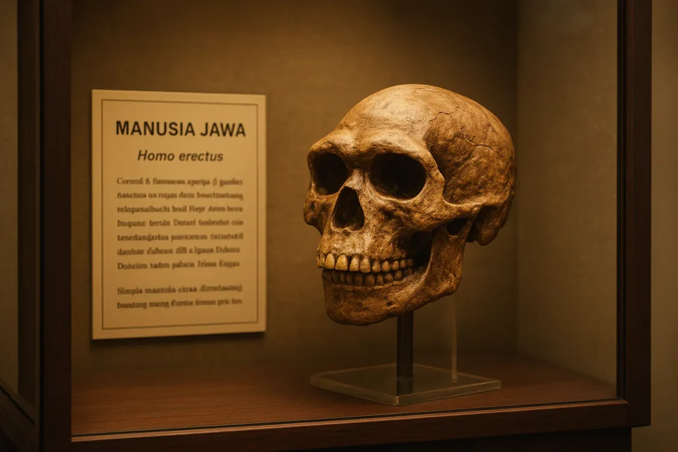 Fosil asli Homo erectus atau Manusia Jawa yang dipamerkan di Museum Nasional Indonesia sebagai warisan budaya.