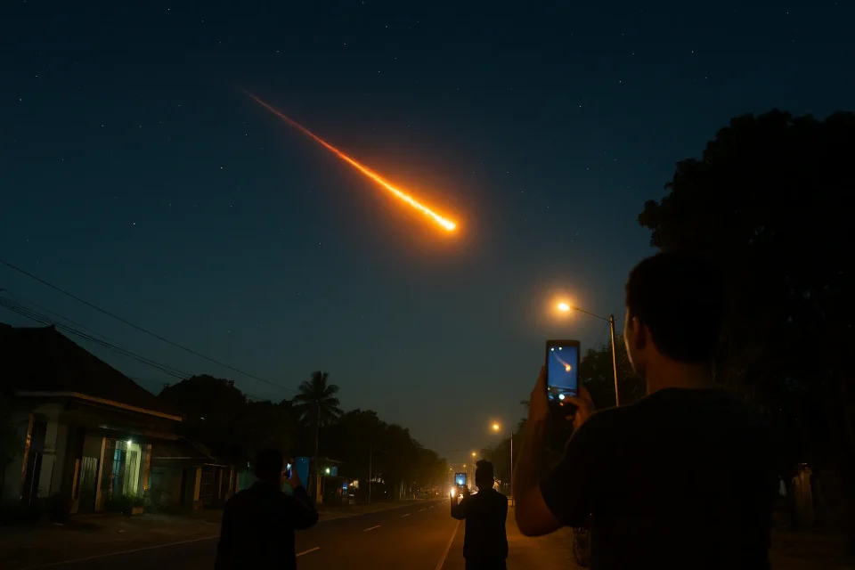 Bola api besar terlihat melintas di langit malam Cirebon saat warga merekam dengan ponsel, disertai suara dentuman keras yang menggemparkan daerah sekitar.