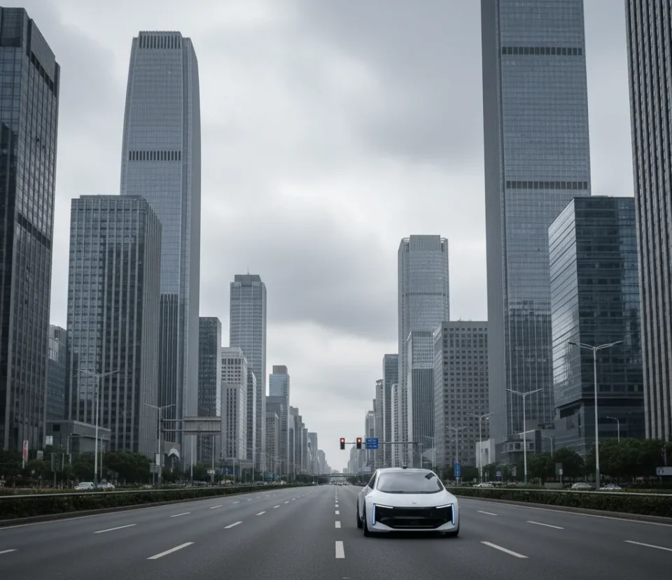 Mobil otonom melaju di jalan kota kosong di China yang digunakan sebagai area uji coba kendaraan tanpa pengemudi berteknologi AI