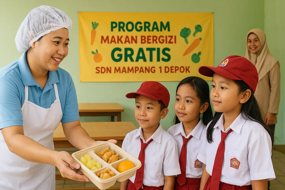 Petugas sekolah menyajikan menu Makan Bergizi Gratis di SDN Mampang 1 Depok berisi pangsit goreng dan kentang rebus kepada siswa SD dengan suasana kantin sekolah.