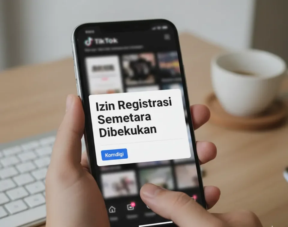 Pengguna melihat layar ponsel menampilkan pemberitahuan pembekuan izin registrasi TikTok oleh Komdigi.