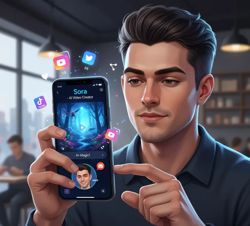 Ilustrasi pengguna membuat video AI menggunakan Sora 2 OpenAI di ponsel, menampilkan efek cameo dan ikon sosial media di layar