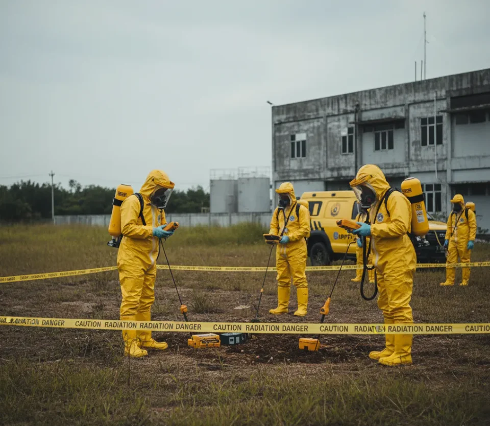 Petugas BAPETEN mengenakan pakaian pelindung hazmat memeriksa tanah menggunakan alat detektor radiasi Cesium-137 di area industri