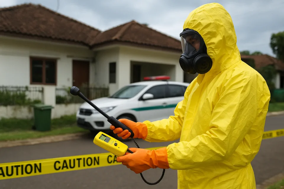 Petugas memakai pakaian hazmat memeriksa area terpapar radioaktif di Serang, Banten, Indonesia dengan alat deteksi radiasi.