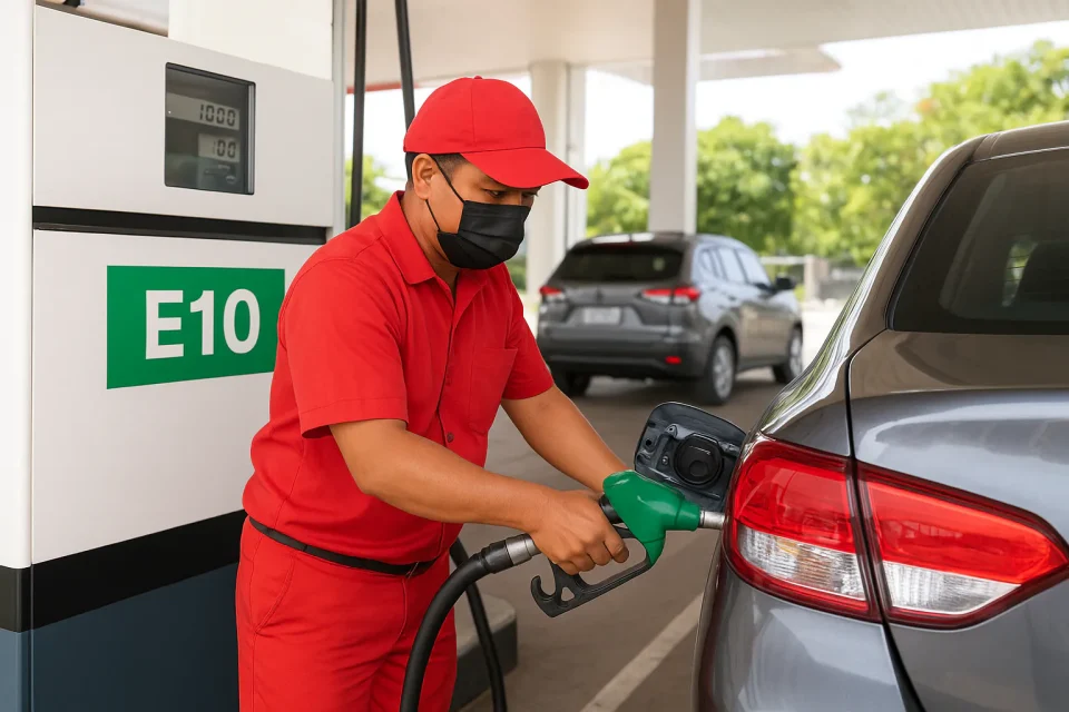 Petugas SPBU berpakaian merah sedang mengisi bahan bakar campuran etanol E10 ke mobil di pom bensin modern, dengan label E10 jelas terlihat di dispenser BBM.