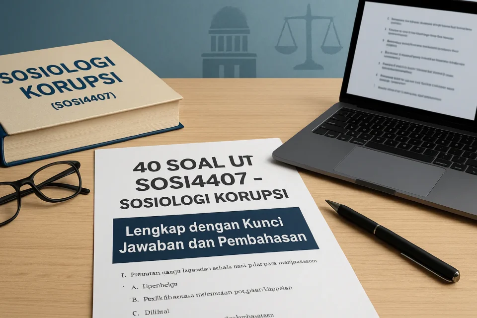 Ilustrasi realistis soal UT SOSI4407 Sosiologi Korupsi Universitas Terbuka lengkap dengan kunci jawaban dan pembahasan untuk latihan ujian mahasiswa
