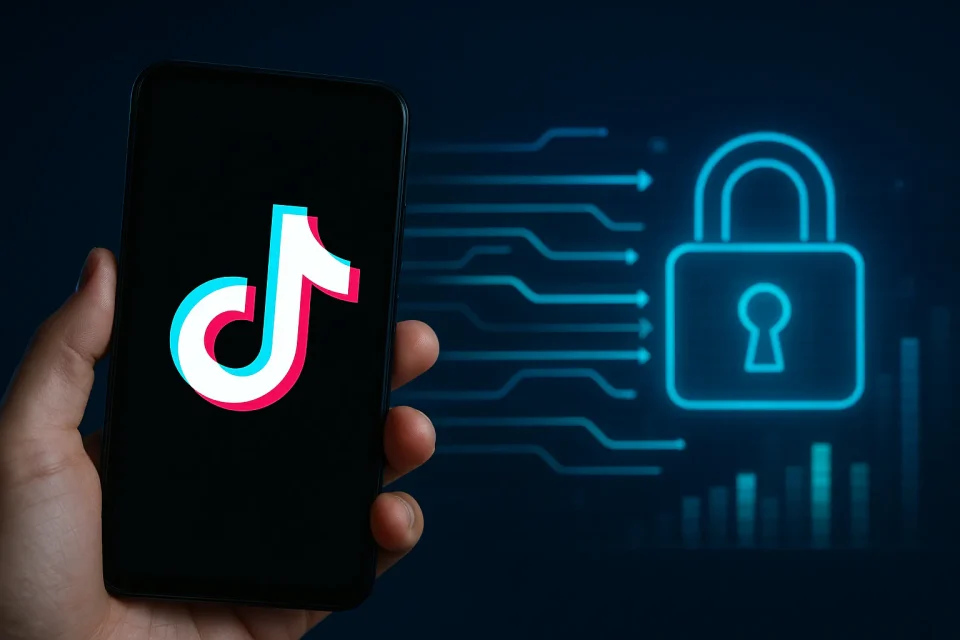 Visual data digital dengan logo TikTok menggambarkan proses penyerahan data ke pemerintah Indonesia