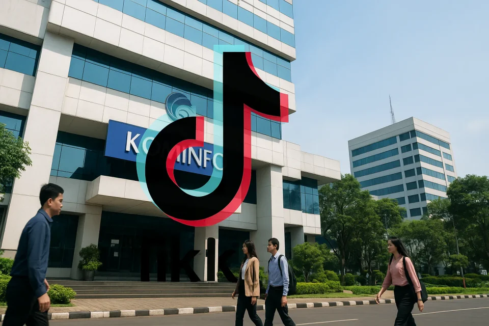 Gedung Kementerian Kominfo Jakarta dengan logo TikTok transparan melambangkan penangguhan registrasi TikTok di Indonesia tahun 2025