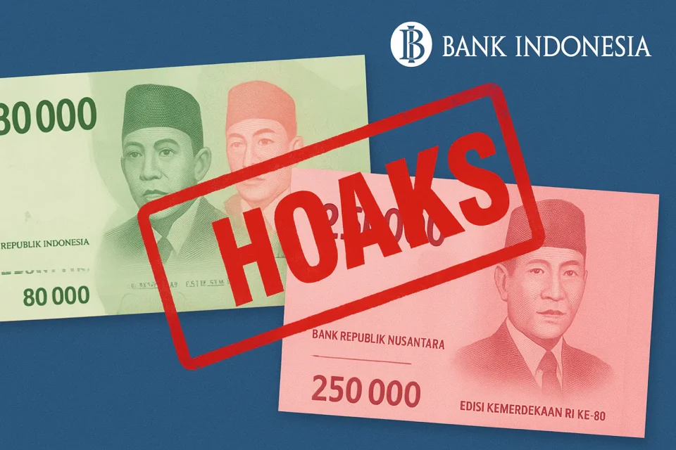 Ilustrasi uang Rp 80 ribu dan Rp 250 ribu palsu dengan tulisan hoaks versi media sosial