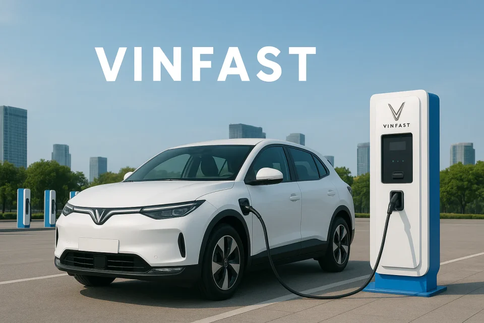 Mobil listrik VinFast mengisi daya di stasiun pengisian listrik modern di Indonesia – proyek pembangunan 100.000 charging stations VinFast