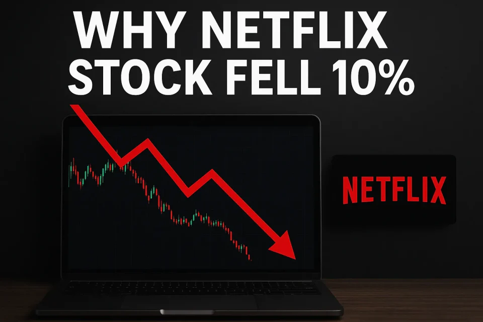 Realistic financial desk with Netflix stock chart showing sharp decline, red downward trend arrow, bearish candlestick pattern on laptop screen, headline why Netflix stock fell 10%, modern financial background