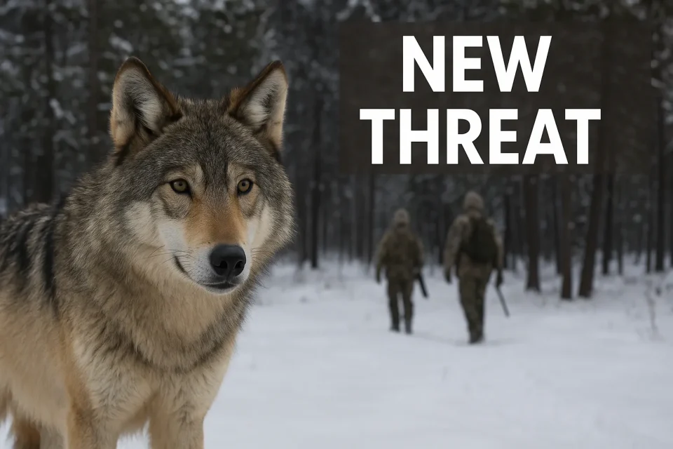A gray wolf stands alert in Yellowstone’s snowy forest while two hunters walk in the distance, symbolizing the new human threat facing wolves in and around the national park.