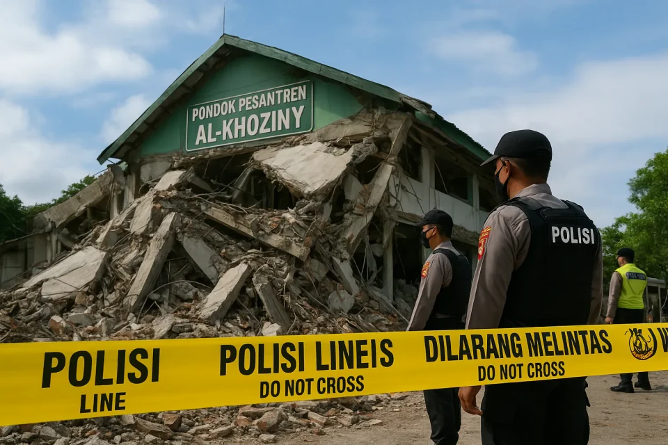 Bangunan musala Pondok Pesantren Al-Khoziny di Sidoarjo yang ambruk, dengan petugas polisi berdiri di depan garis polisi berwarna kuning saat proses penyelidikan berlangsung.
