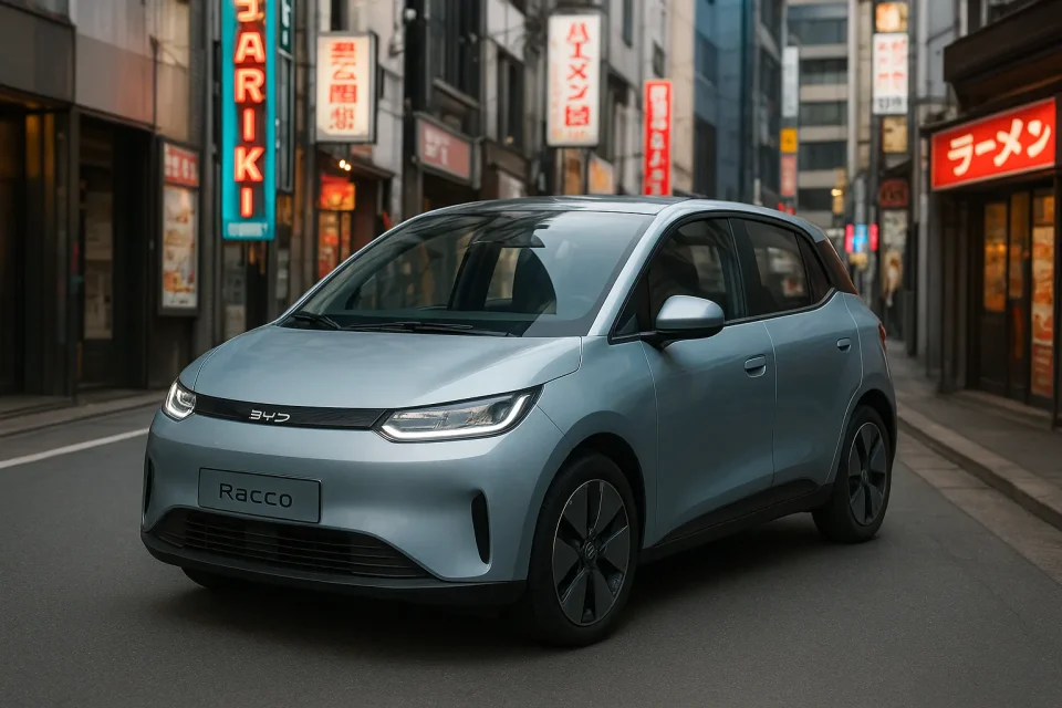 BYD Racco electric kei-car prototype on a Tokyo street ahead of 2026 launch, compact EV with futuristic design and urban background