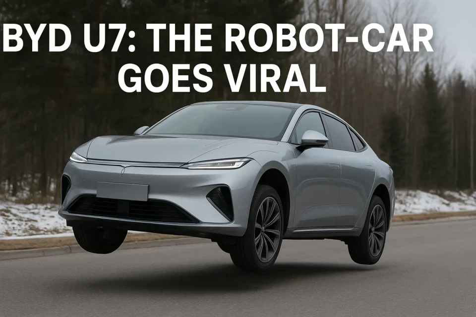 A sleek silver BYD Yangwang U7 electric vehicle lifts its front wheels using advanced electromagnetic suspension on a snowy road, illustrating the viral ‘robot-car’ feature that captivated social media.