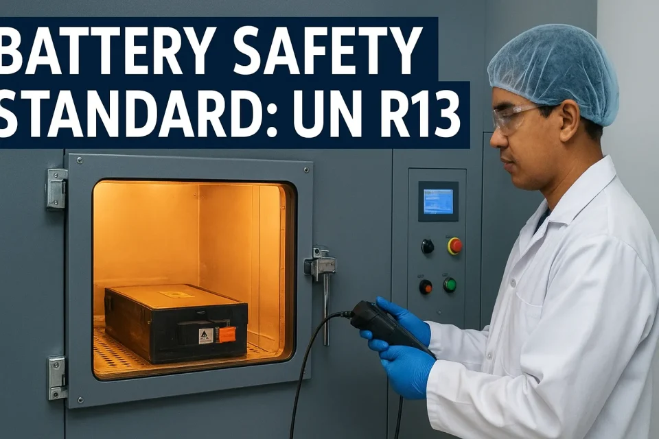 A laboratory technician wearing protective gear tests an electric vehicle battery inside a safety chamber, illustrating Indonesia’s adoption of the UN R136 battery safety standard for two-wheeled electric vehicles.