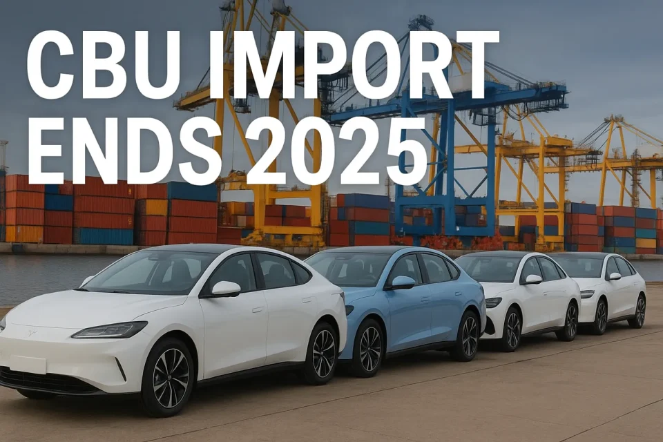 A row of imported electric vehicles parked at an Indonesian shipping port with colorful containers and cranes in the background, featuring the text “CBU Import Ends 2025” to illustrate Indonesia’s upcoming EV import policy change.