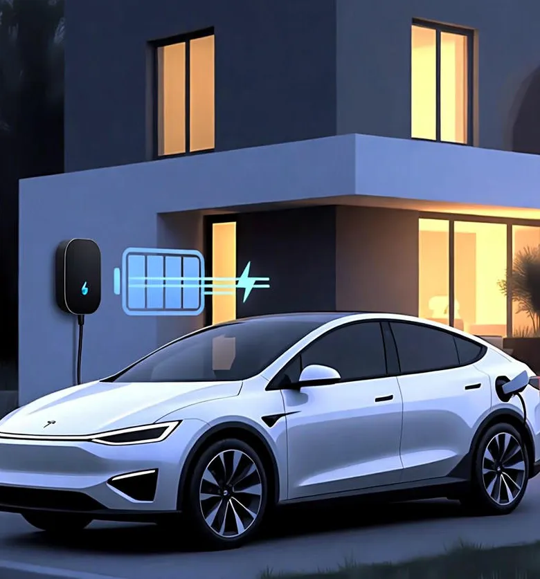 Ilustrasi semi-realistik yang menampilkan mobil EV dengan garis energi (glowing flow) menuju rumah di belakangnya. Bukan diagram teknis penuh, tetapi visual storytelling.