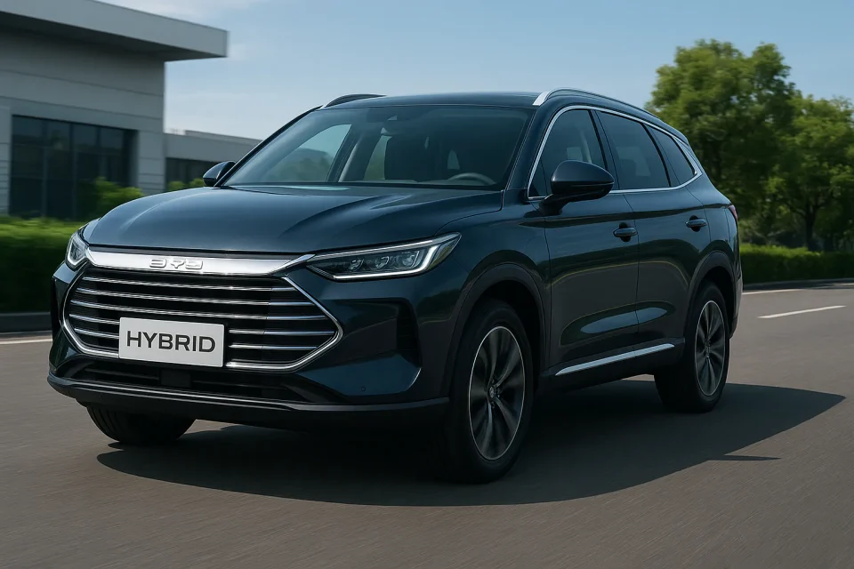 Realistic illustration of a BYD hybrid SUV driving on a sunny road, showcasing modern design, LED headlights, and aerodynamic styling for an article about BYD’s hybrid plans in Indonesia.