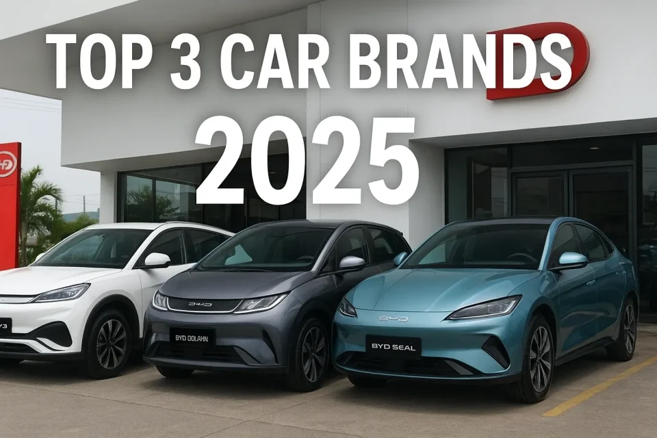 Three BYD electric cars — Atto 3, Dolphin, and Seal — displayed at an Indonesian dealership with a banner reading “Top 3 Car Brands 2025,” symbolizing BYD’s success in the Indonesian automotive market.