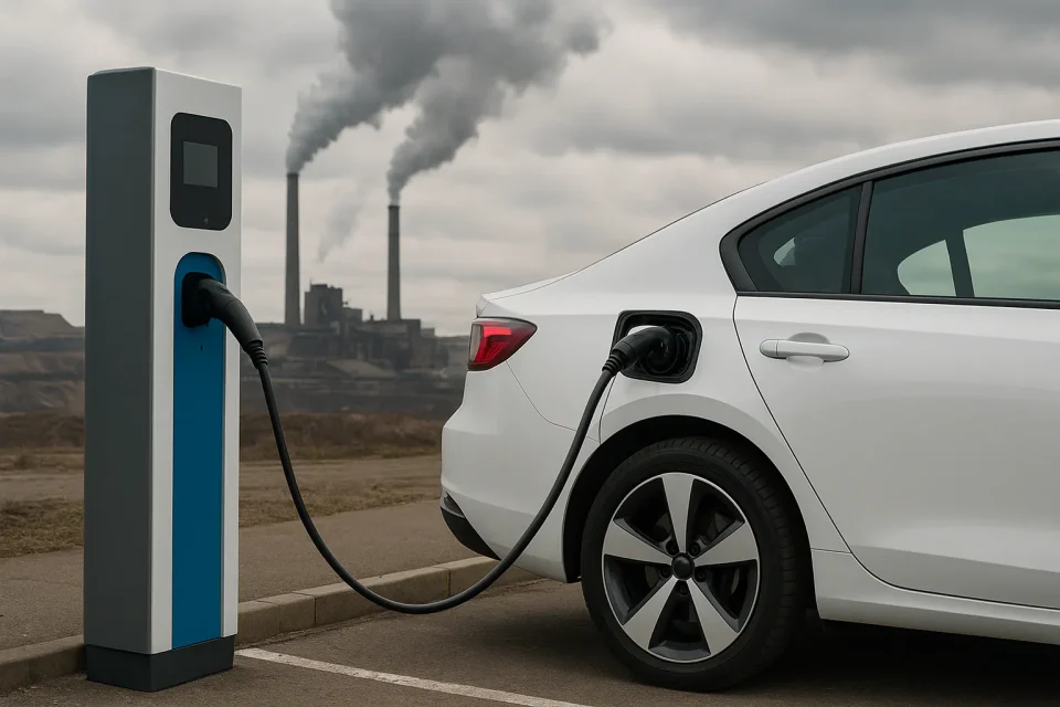 A white electric car charging at a public station with coal plant smokestacks in the background, highlighting the environmental irony of the EV boom