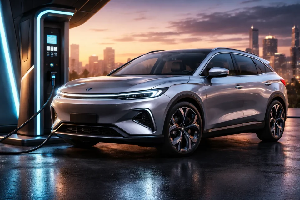 BYD Song Ultra EV 2026 electric SUV charging at ultra fast EV station with futuristic design and city skyline background