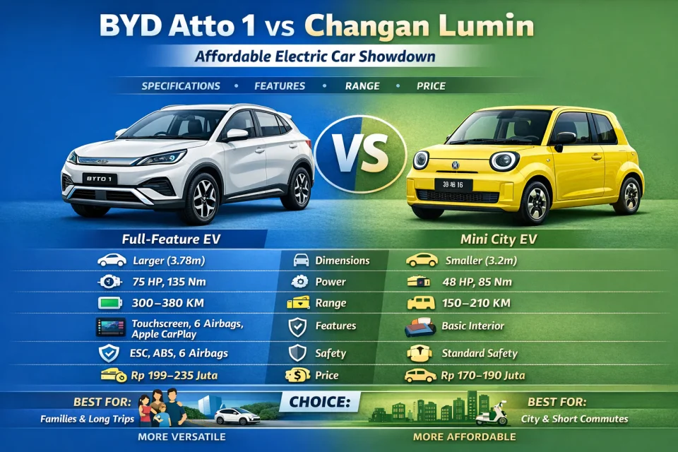 Infographic comparison of BYD Atto 1 vs Changan Lumin showing specifications, features, battery range, power, and price of affordable electric cars in 2026