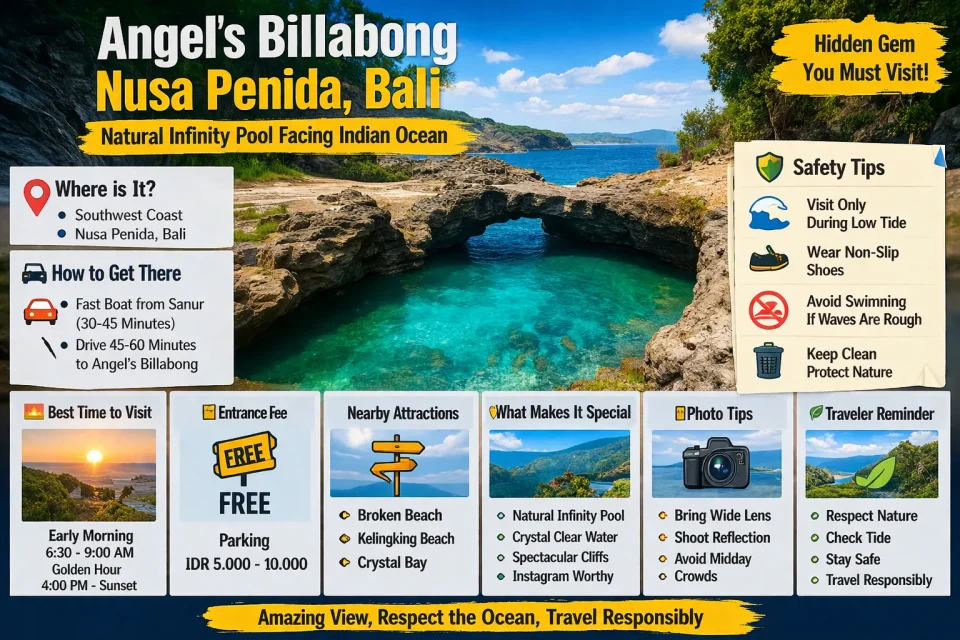 Angel’s Billabong in Nusa Penida Bali natural infinity pool with crystal clear water, cliffs, travel guide infographic, safety tips, best time to visit and nearby attractions