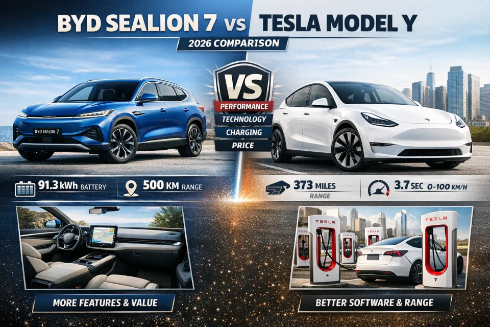 BYD Sealion 7 vs Tesla Model Y electric SUV comparison showing design, features and performance