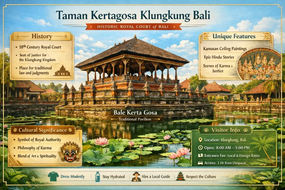 Dramatic sunset view of Taman Kertagosa Klungkung Bali with golden reflections