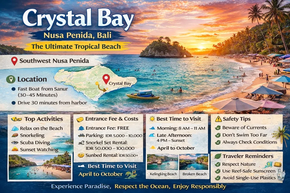 Crystal Bay Nusa Penida Bali infographic showing sunset beach, snorkeling spot, clear water, travel guide, entrance fee, best time to visit and safety tips