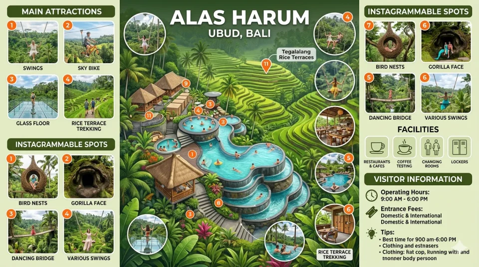 Detailed travel infographic of Alas Arum Ubud Bali featuring Tegalalang rice terraces, extreme swings, infinity pools, and visitor information in English.