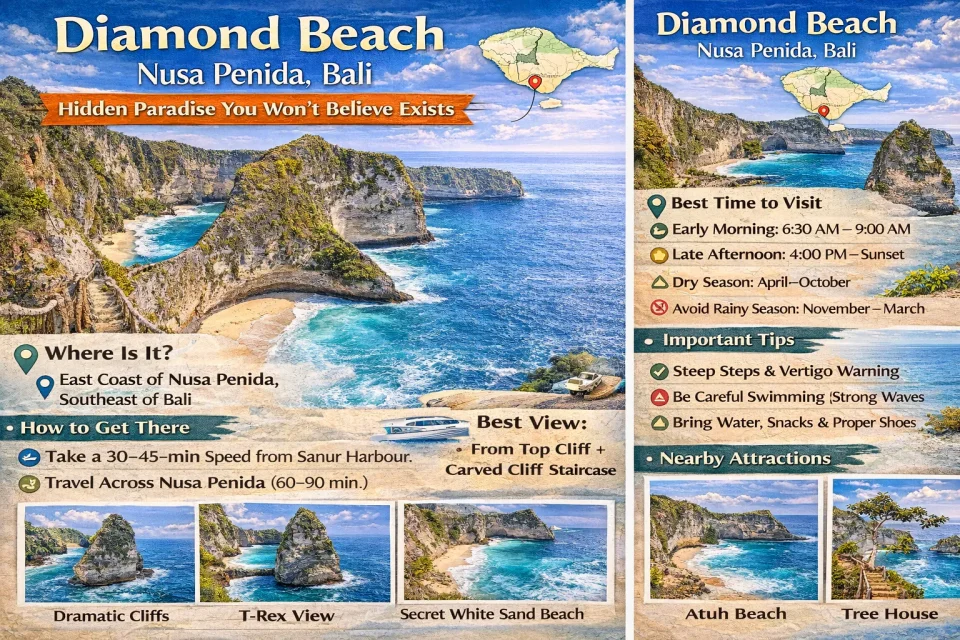 Diamond Beach Nusa Penida infographic showing location, access route, cliff staircase, white sand beach, travel tips, best time to visit, and nearby attractions in Bali