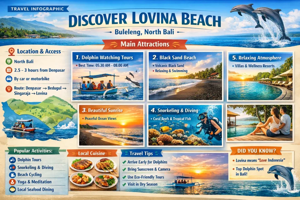 Infographic of Lovina Beach in Buleleng Bali showing dolphin watching tours, black sand beach, sunrise views, snorkeling spots, travel tips, and tourist activities in North Bali