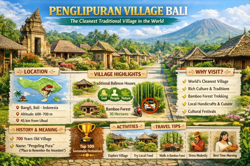Infographic of Penglipuran Village showing traditional Balinese houses, bamboo forest, cultural highlights, and why it is known as the cleanest village in the world