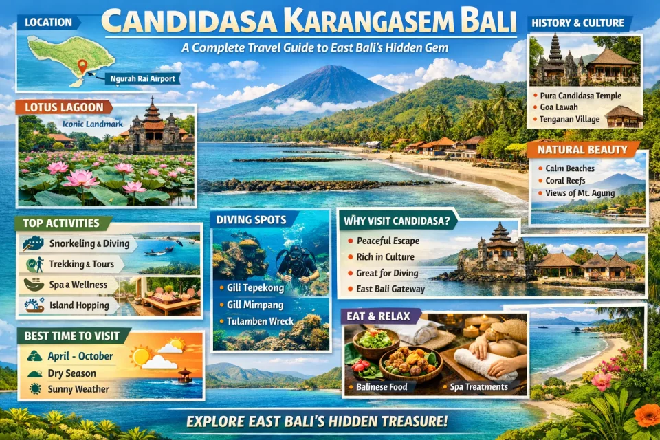 Infographic of Candidasa Karangasem Bali showing Lotus Lagoon, Pura Candidasa, diving spots, cultural sites, natural beauty, top activities, and best travel tips for East Bali.