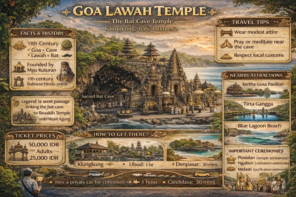Detailed infographic of Goa Lawah Temple in Klungkung Bali featuring bat cave history, entrance fees, location map, travel tips, nearby attractions, and cultural ceremonies in a clear and vibrant 16:9 design.