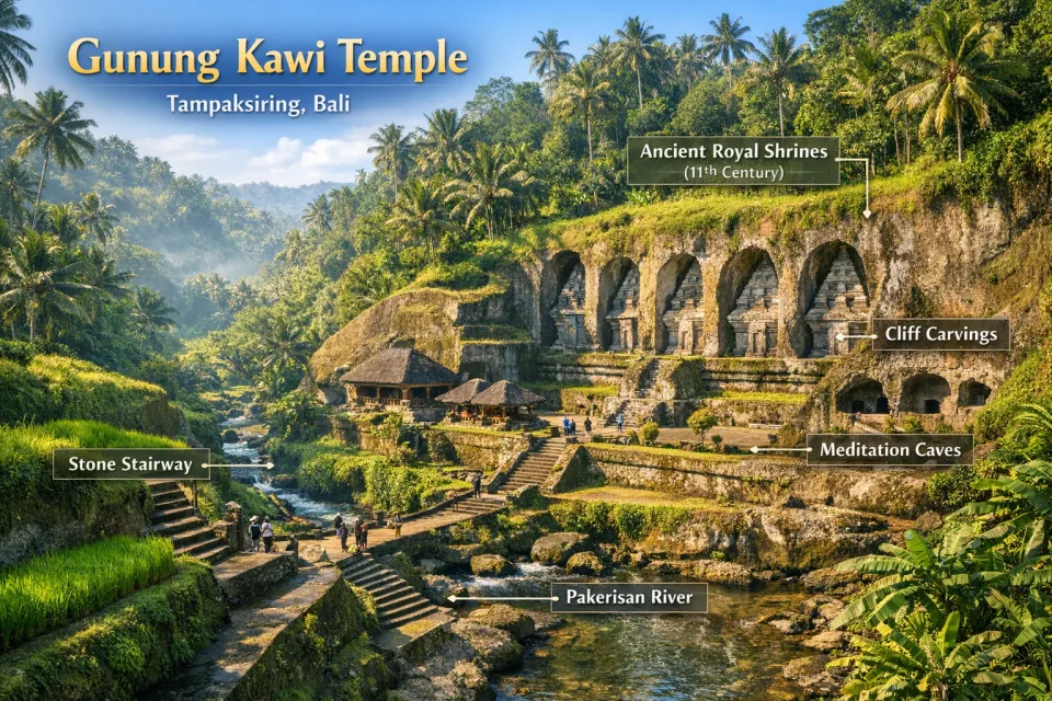 Ultra realistic infographic of Gunung Kawi Temple in Tampaksiring Bali showing ancient rock cut shrines carved into cliffs surrounded by tropical valley and river