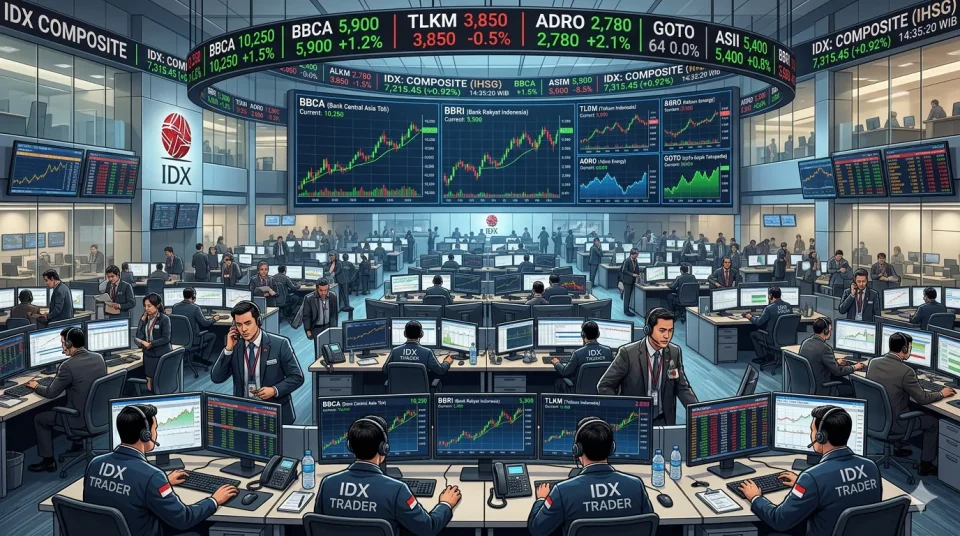 Realistic and sharp image of Indonesia Stock Exchange trading floor showing stock charts and tickers for BBCA, BBRI, TLKM, ADRO, and GOTO, suitable for investment article