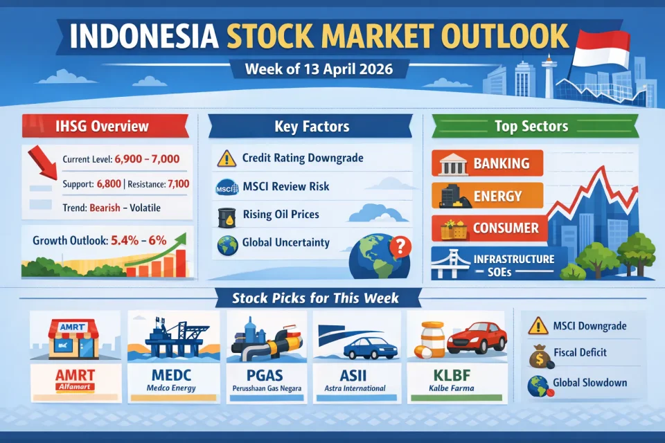 Infographic of Indonesia stock market outlook April 2026 showing IHSG levels, key risks, sector analysis, and top stock picks including AMRT, MEDC, PGAS, ASII, and KLBF