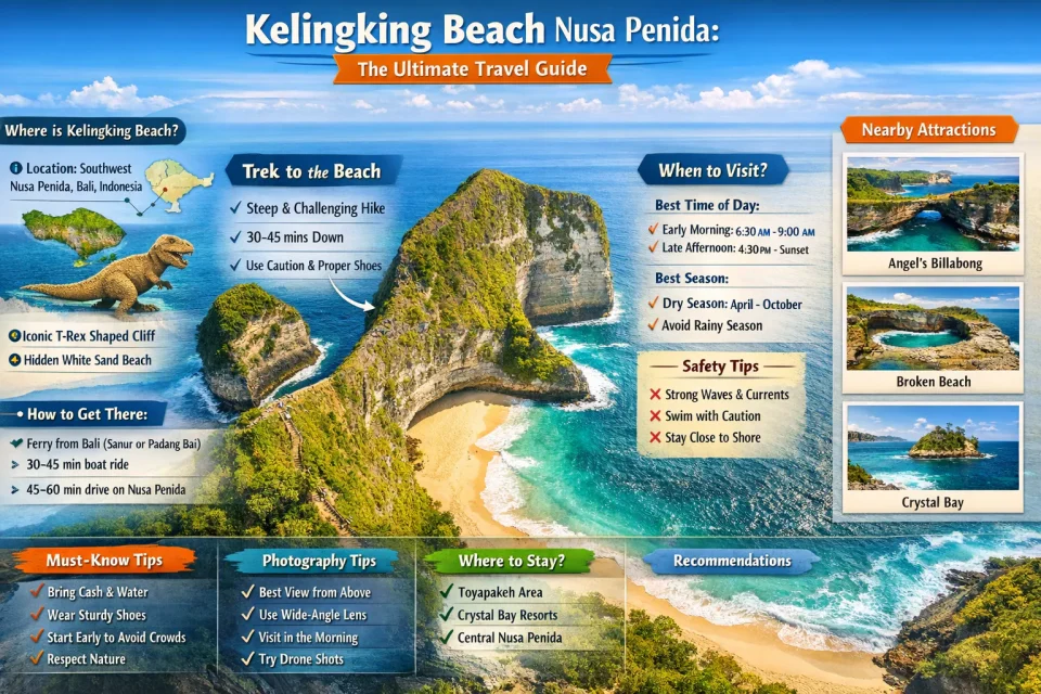 High-resolution infographic of Kelingking Beach in Nusa Penida, Bali, featuring the iconic T-Rex shaped cliff, travel guide details, trekking information, best time to visit, safety tips, and nearby attractions