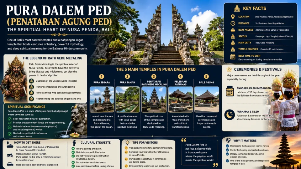 High-resolution infographic of Pura Dalem Ped showing temple complex layout, spiritual significance, Ratu Gede Mecaling legend, ceremonies, and visitor guide in Nusa Penida
