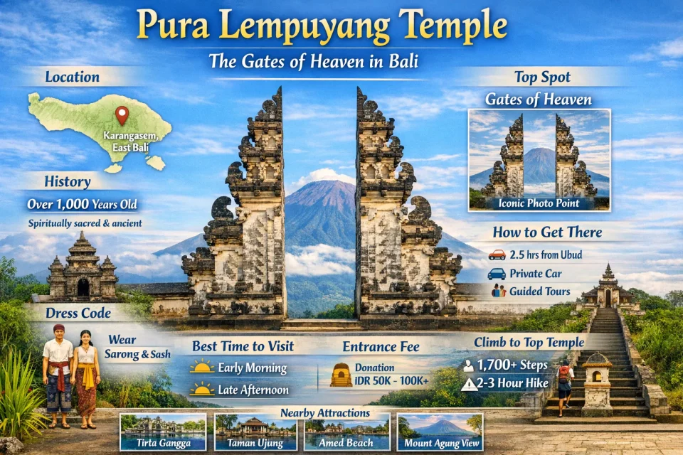 Infographic of Pura Lempuyang Temple in Bali featuring the Gates of Heaven with Mount Agung view, location map, entrance fee, best time to visit, dress code, and nearby attractions in Karangasem Bali